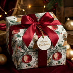 Elegant Christmas gift wrap with watercolor ornaments and red satin bow by Wrapped Studios.
