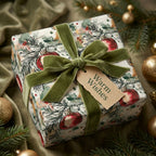 Vintage Christmas wrapping paper with red ornament pattern and a sage green velvet ribbon by Wrapped Studios.
