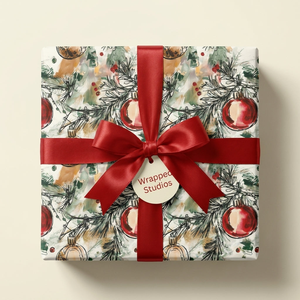 Elegant watercolor Christmas wrapping paper with red ornaments and a red satin bow by Wrapped Studios.