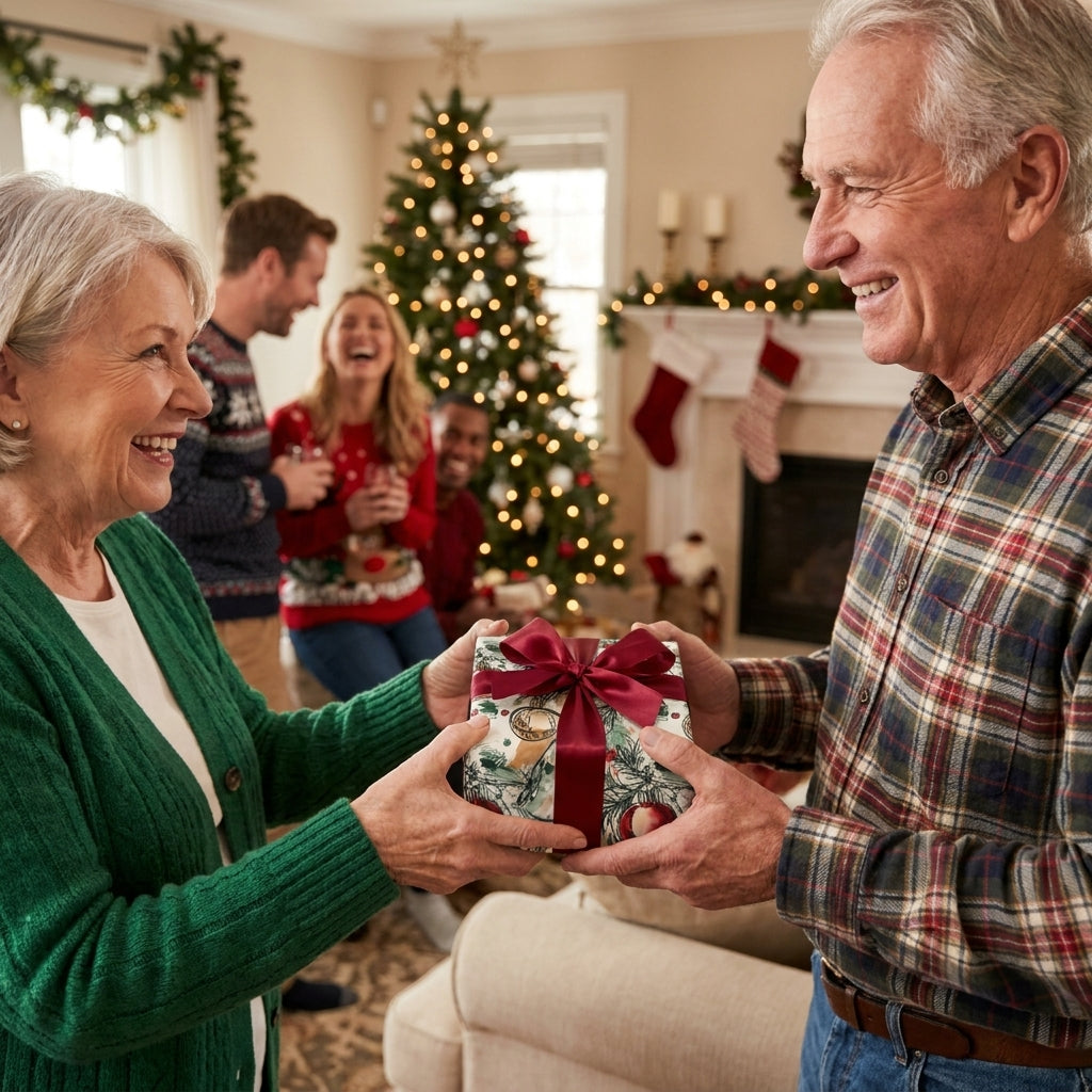 Older couple exchanging a gift in luxury Christmas wrapping paper with a red bow by Wrapped Studios.