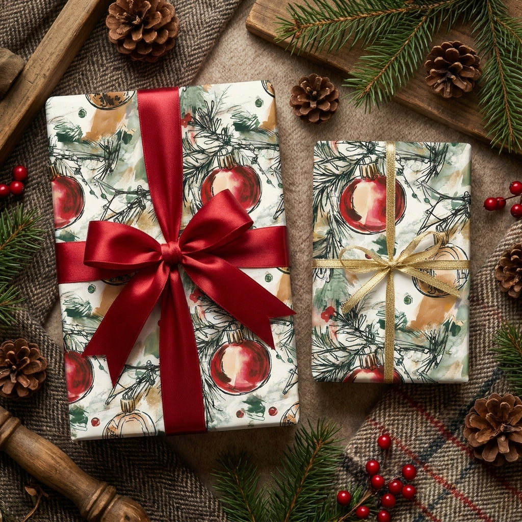 Christmas wrapping paper with watercolor ornament pattern and elegant red ribbon by Wrapped Studios.