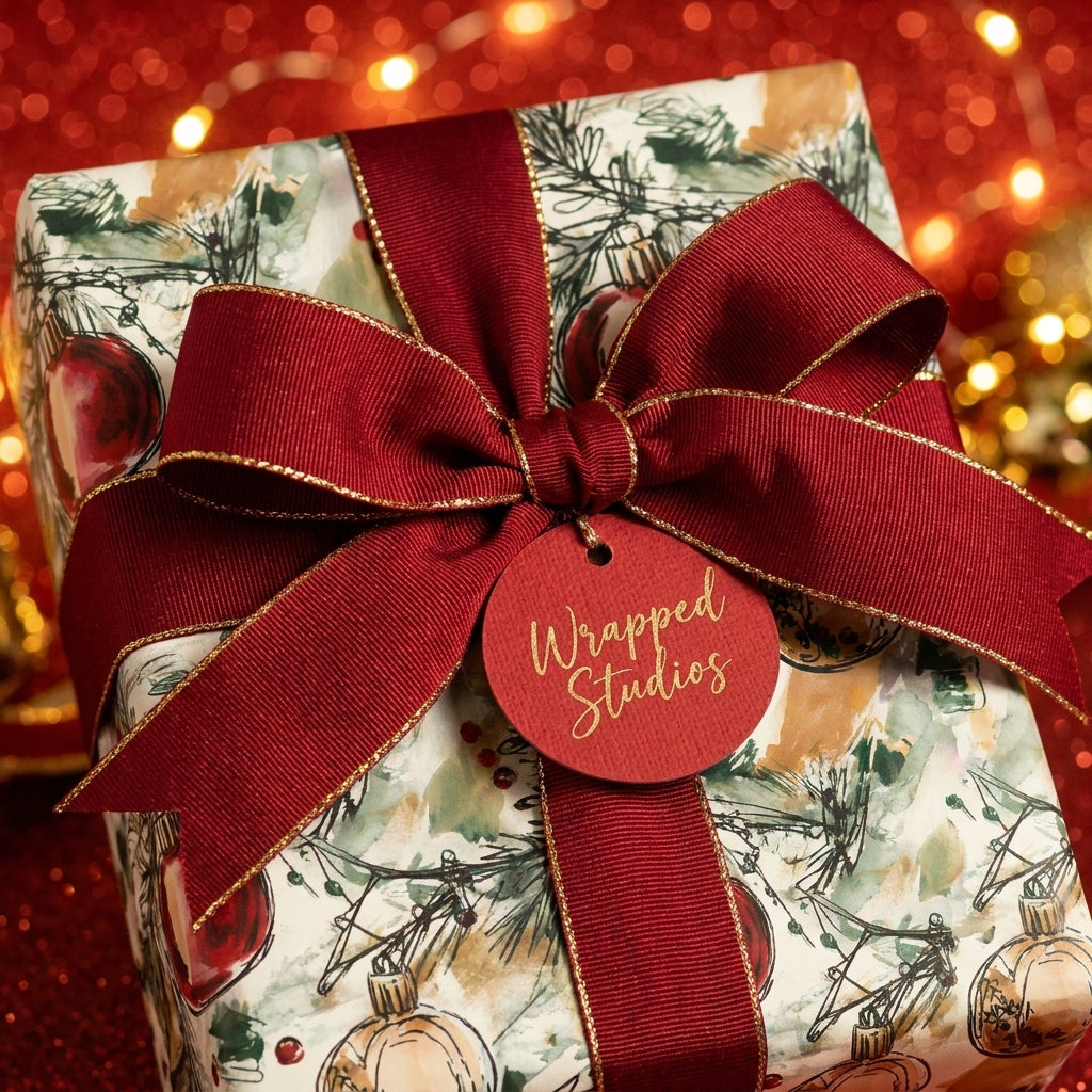 Luxury Christmas wrapping paper with a red ribbon and vintage ornament pattern by Wrapped Studios.
