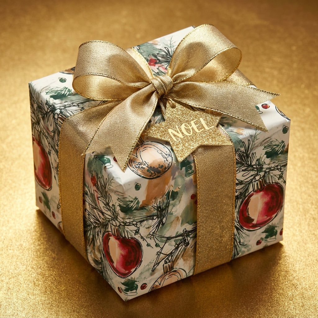 Luxury Christmas wrapping paper with watercolor ornaments and a gold bow by Wrapped Studios.