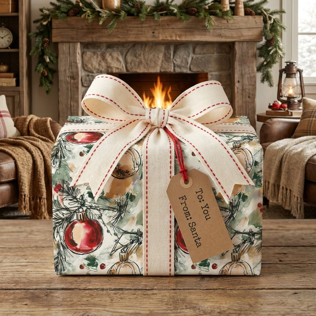 Vintage Christmas wrapping paper with red ornament pattern and cream bow by Wrapped Studios.
