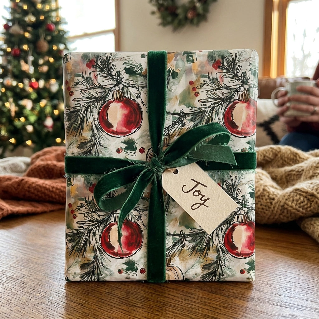 Luxury Christmas wrapping paper with red ornament pattern and green velvet ribbon by Wrapped Studios.