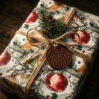 Rustic Christmas wrapping paper with red ornament print, twine bow, and cheers tag by Wrapped Studios.