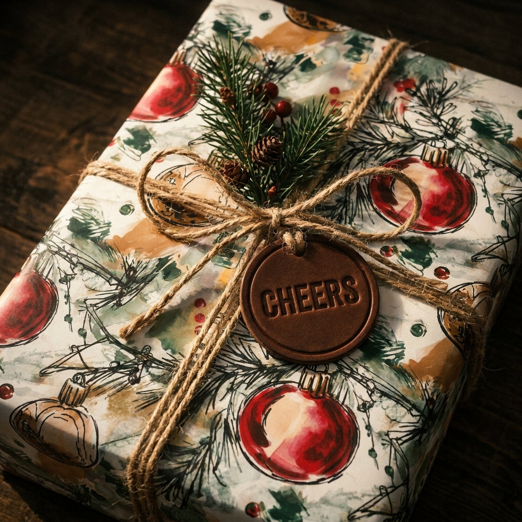 Rustic Christmas wrapping paper with red ornament print, twine bow, and cheers tag by Wrapped Studios.