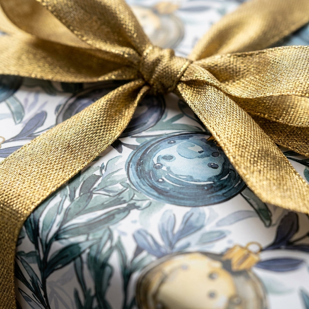 Luxury Christmas gift wrap with blue watercolor ornaments and a gold bow by Wrapped Studios.