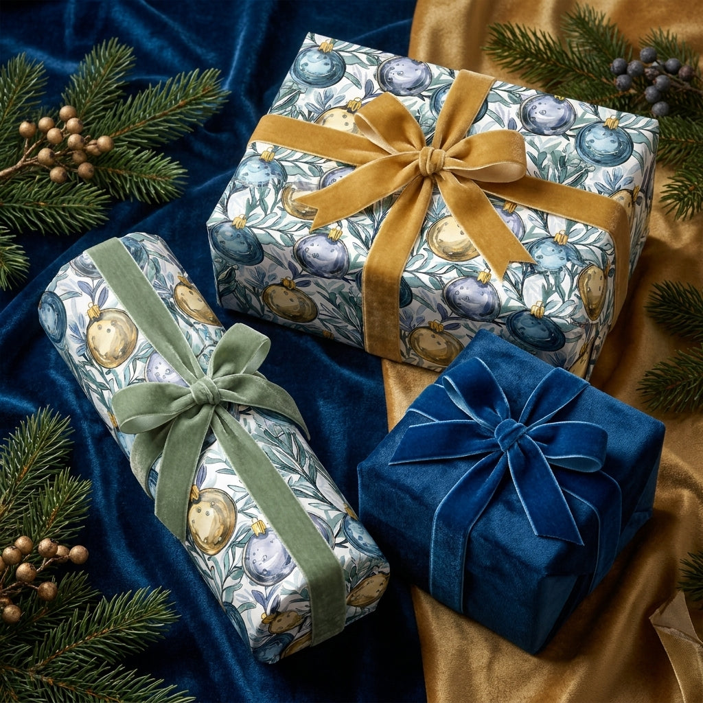Blue and gold luxury Christmas wrapping paper with ornament pattern and velvet ribbons by Wrapped Studios.