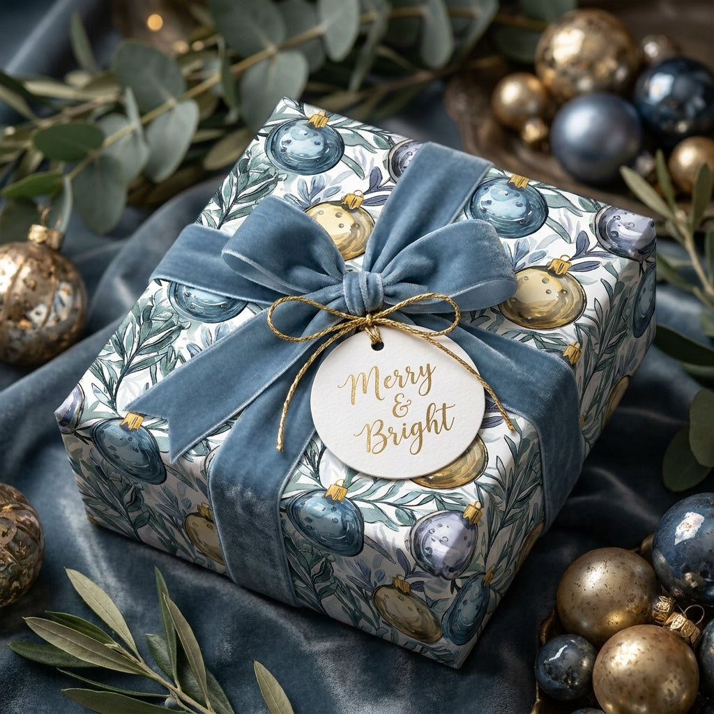 Luxury Christmas wrapping paper with blue ornament pattern, velvet ribbon, and gift tag by Wrapped Studios.