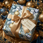 Luxury Christmas gift wrap with blue and gold ornament pattern and gold satin bow by Wrapped Studios.