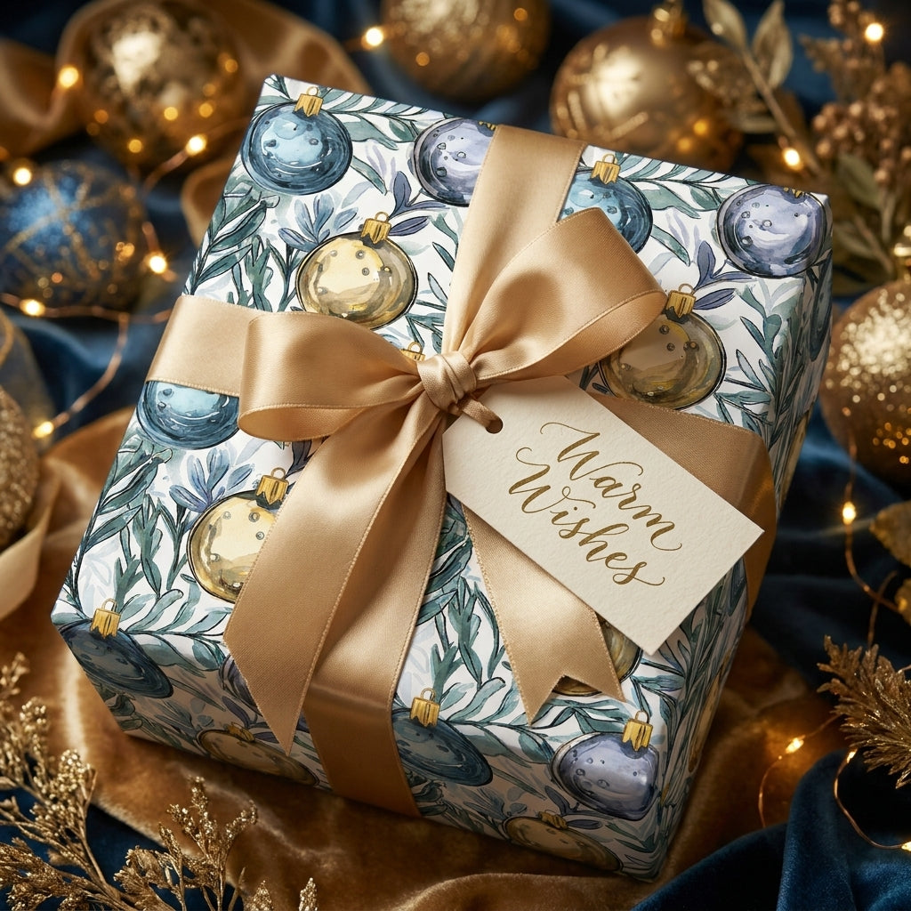 Luxury Christmas gift wrap with blue and gold ornament pattern and gold satin bow by Wrapped Studios.