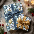 Luxury ornament Christmas gift wrap with blue velvet and gold bows by Wrapped Studios.