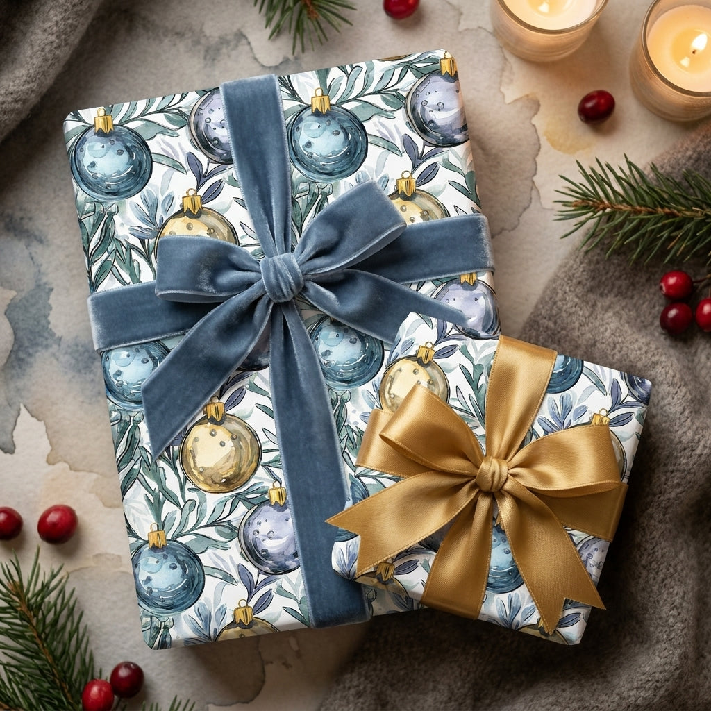Luxury ornament Christmas gift wrap with blue velvet and gold bows by Wrapped Studios.
