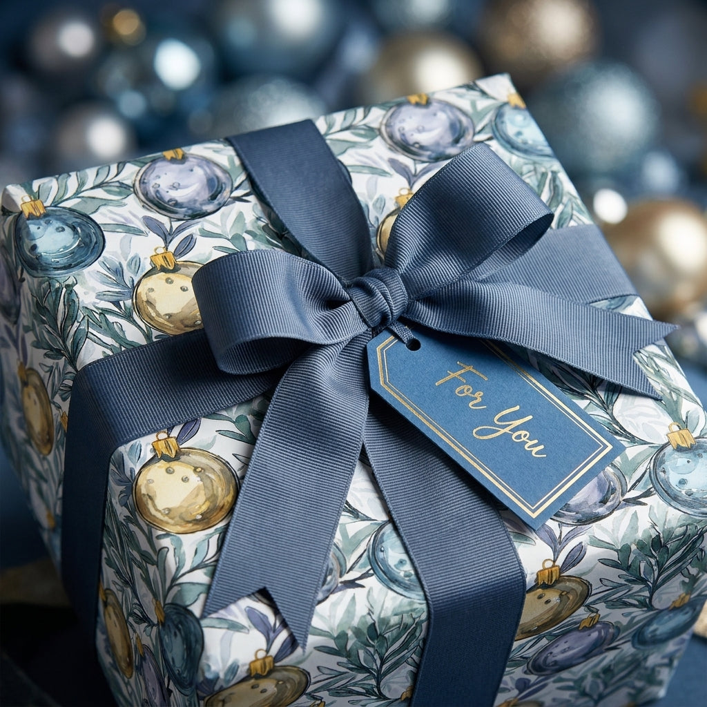 Luxury Christmas wrapping paper in elegant blue and gold ornament print by Wrapped Studios.