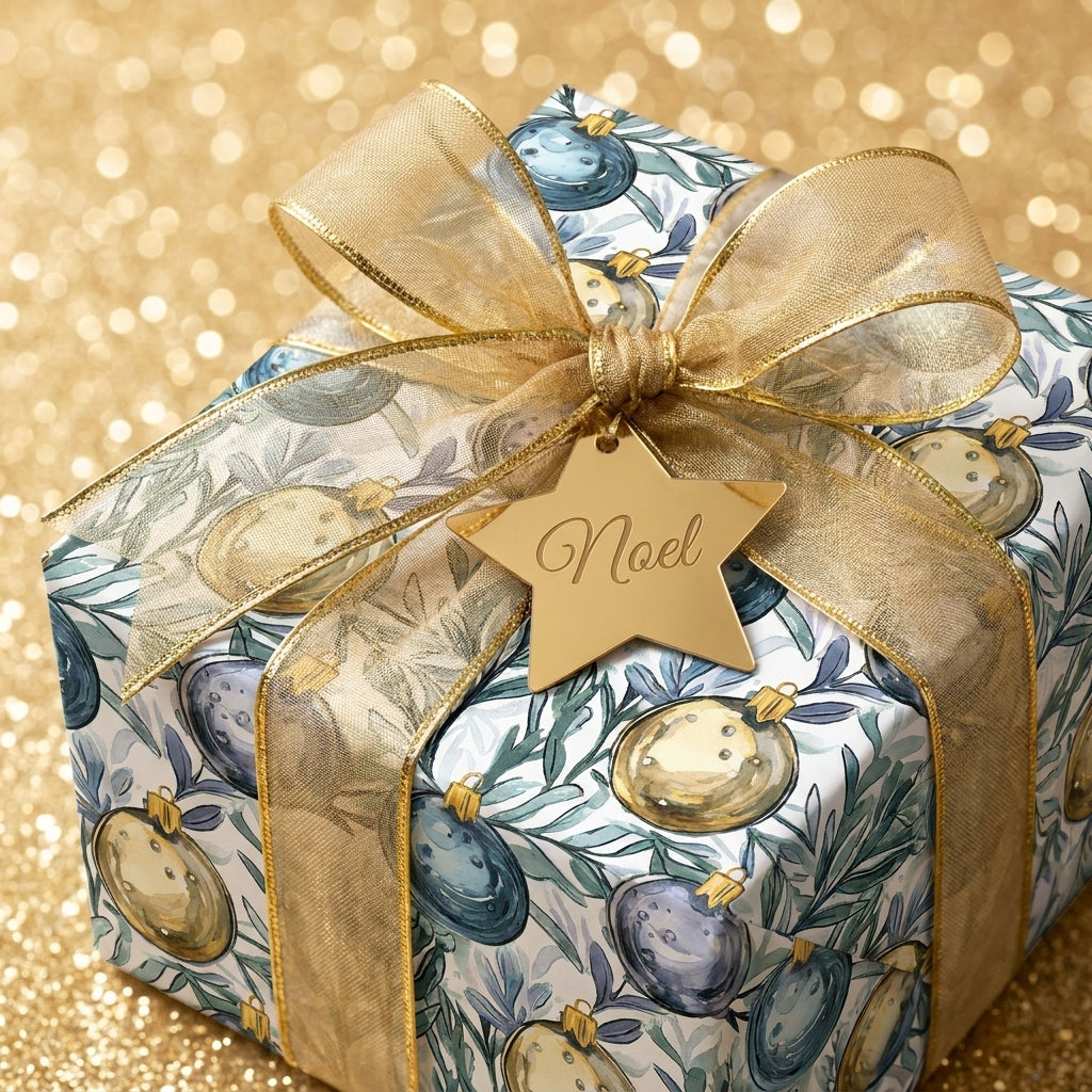 Luxury Christmas gift wrap with watercolor ornaments, gold ribbon, and star tag by Wrapped Studios.