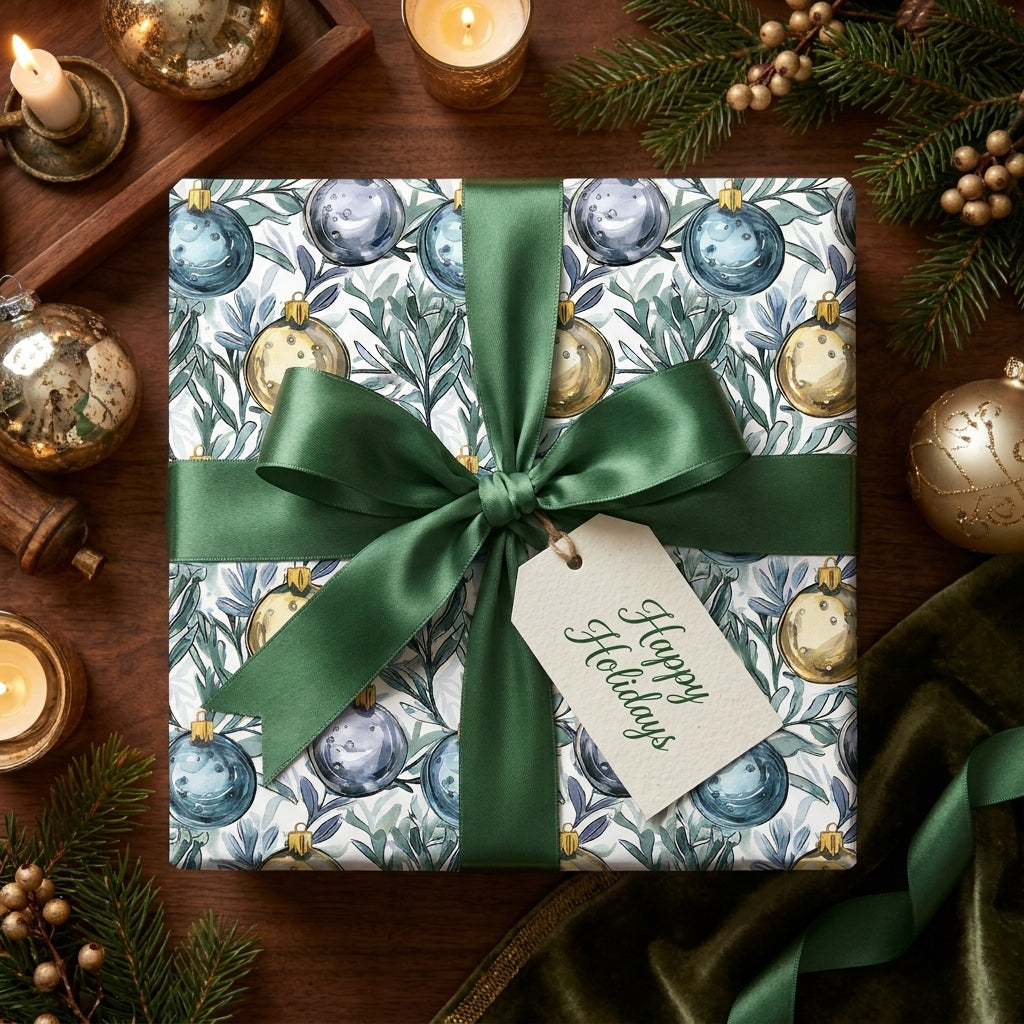 Elegant Christmas wrapping paper with watercolor ornaments and a green ribbon by Wrapped Studios.
