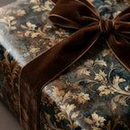 Luxury gift with damask wrapping paper and brown velvet ribbon from Wrapped Studios.