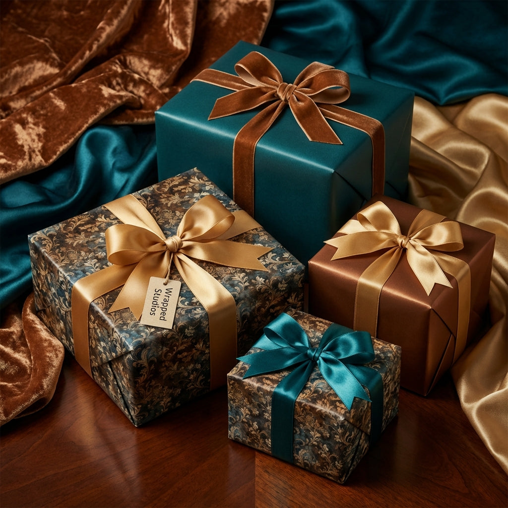 Elegant Wrapped Studios gift boxes. Brown, teal & floral wrapping paper with ribbon bows.
