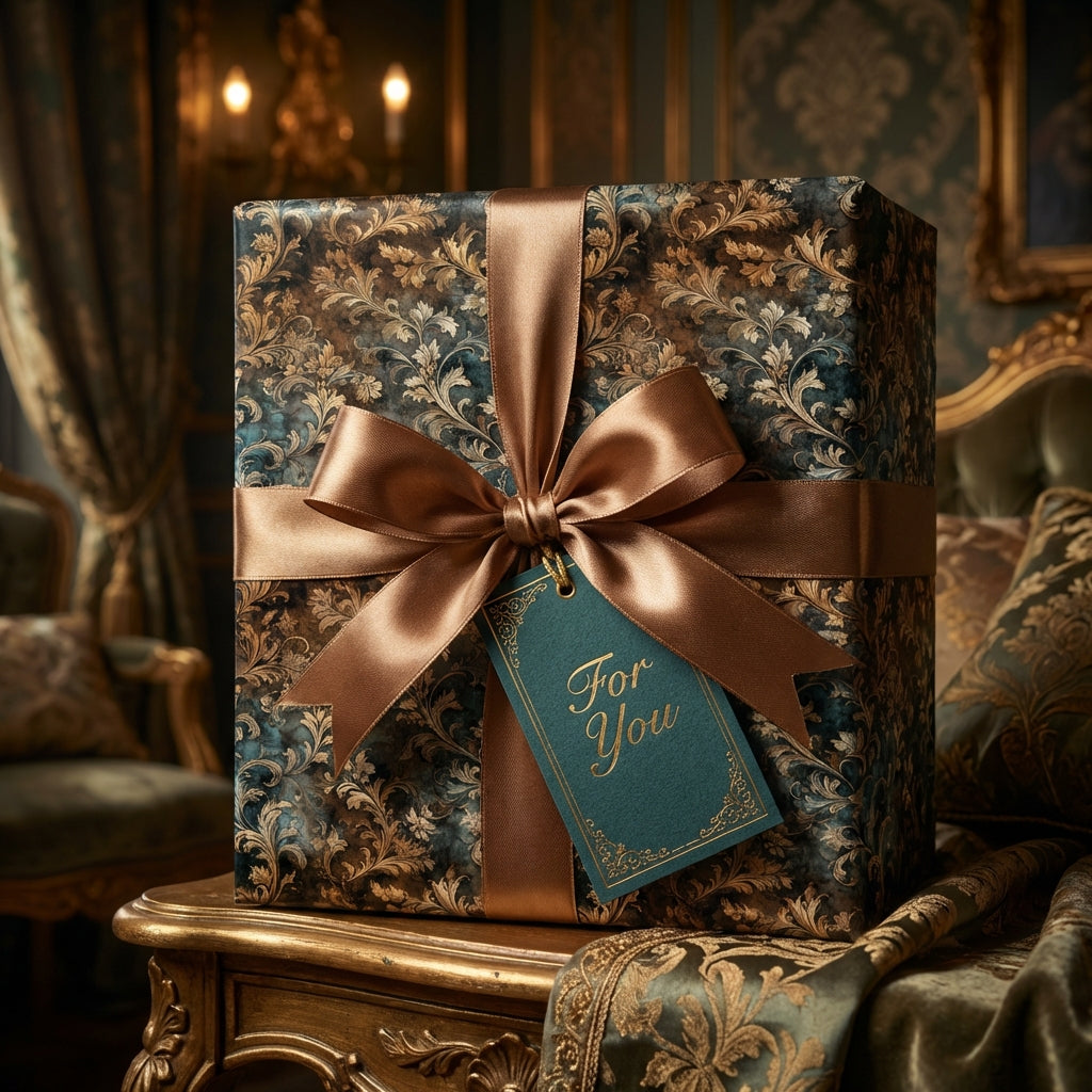 Elegant gift with floral wrapping paper, gold ribbon, and "For You" tag.