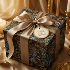 Luxury gift wrap with gold ribbon and dark floral pattern. "With Love" tag.