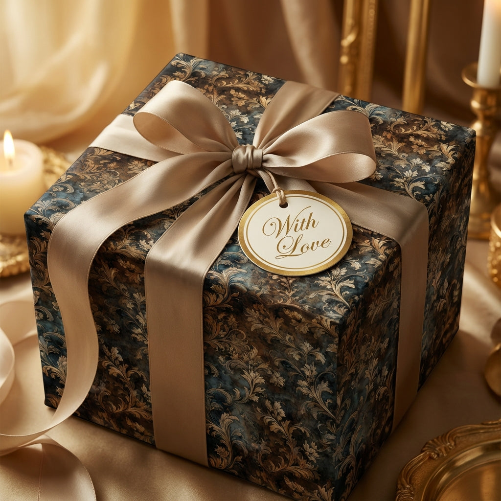 Luxury gift wrap with gold ribbon and dark floral pattern. "With Love" tag.