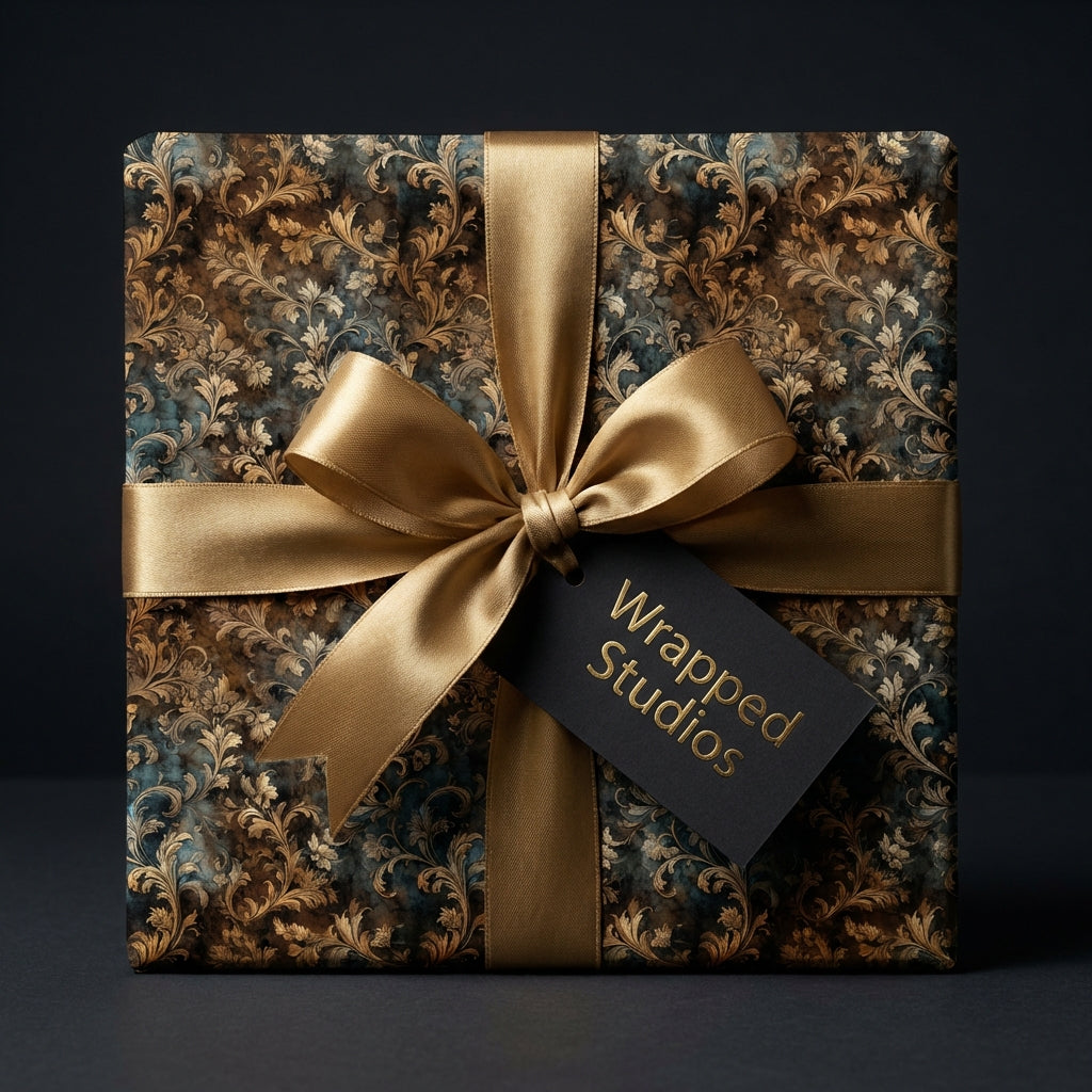 Luxury gift wrap by Wrapped Studios: Elegant gold ribbon on vintage floral birthday wrapping paper.