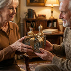 Woman receiving Wrapped Studios gift wrapped in brown floral paper with a gold ribbon and bow.