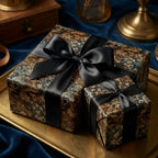 Elegant gifts wrapped in luxurious floral wrapping paper with satin black ribbon.