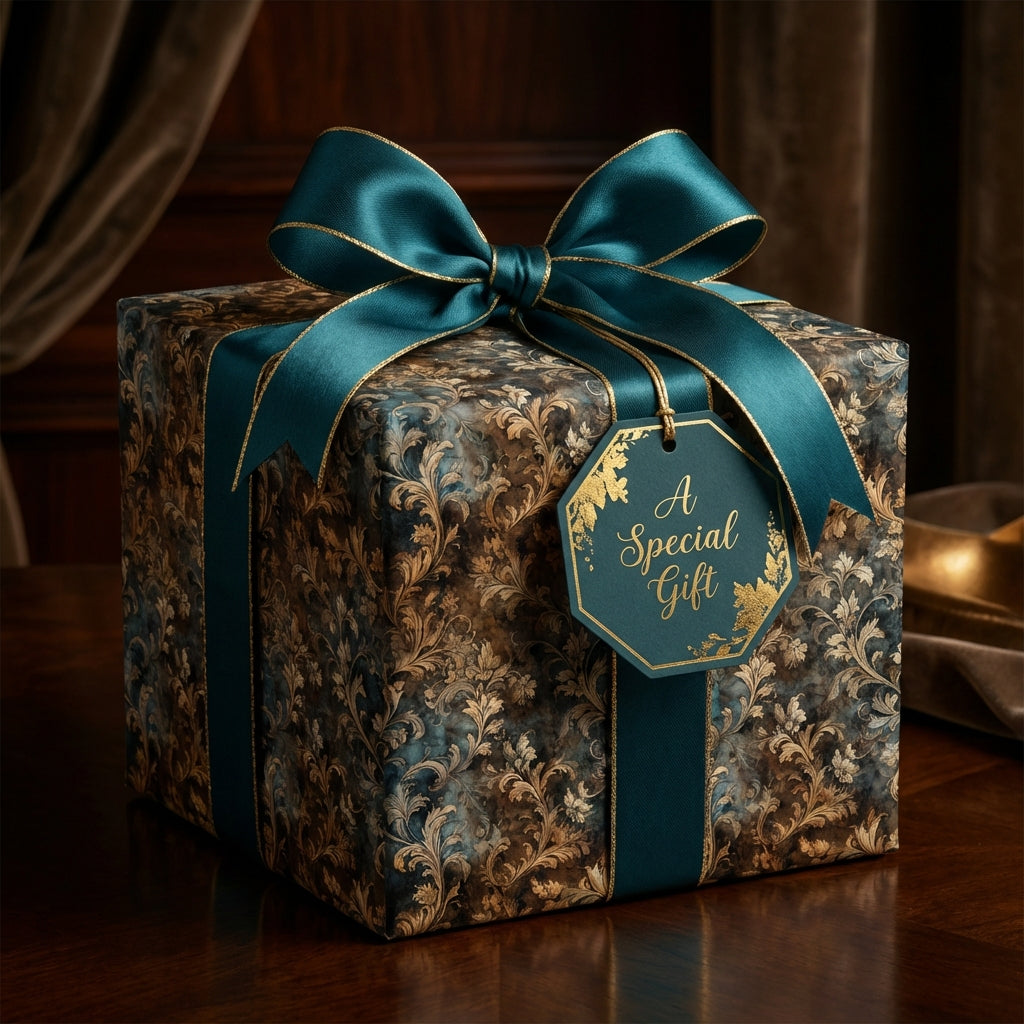 Elegant gift wrapped in gold floral wrapping paper with teal ribbon and a "Special Gift" tag.