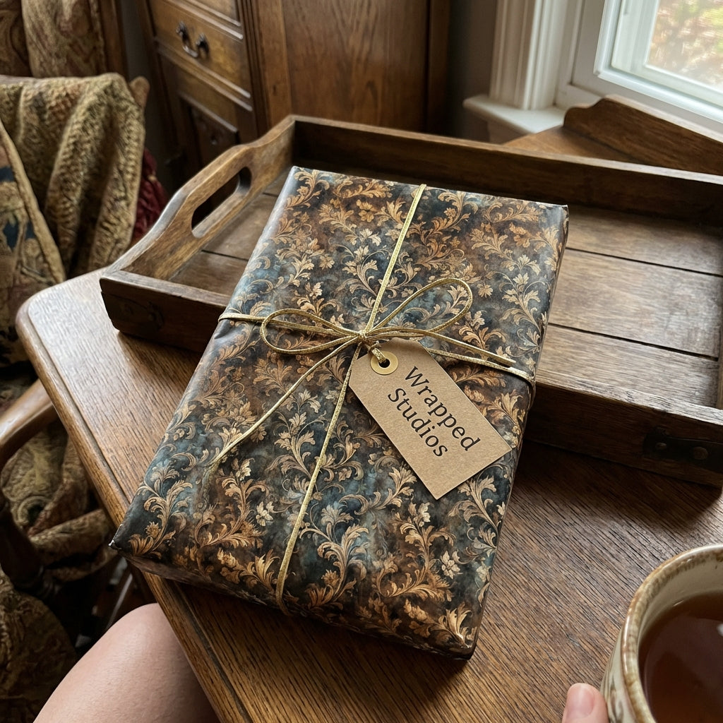 Wrapped Studios luxury gift wrapped in elegant, vintage floral wrapping paper with gold string bow.