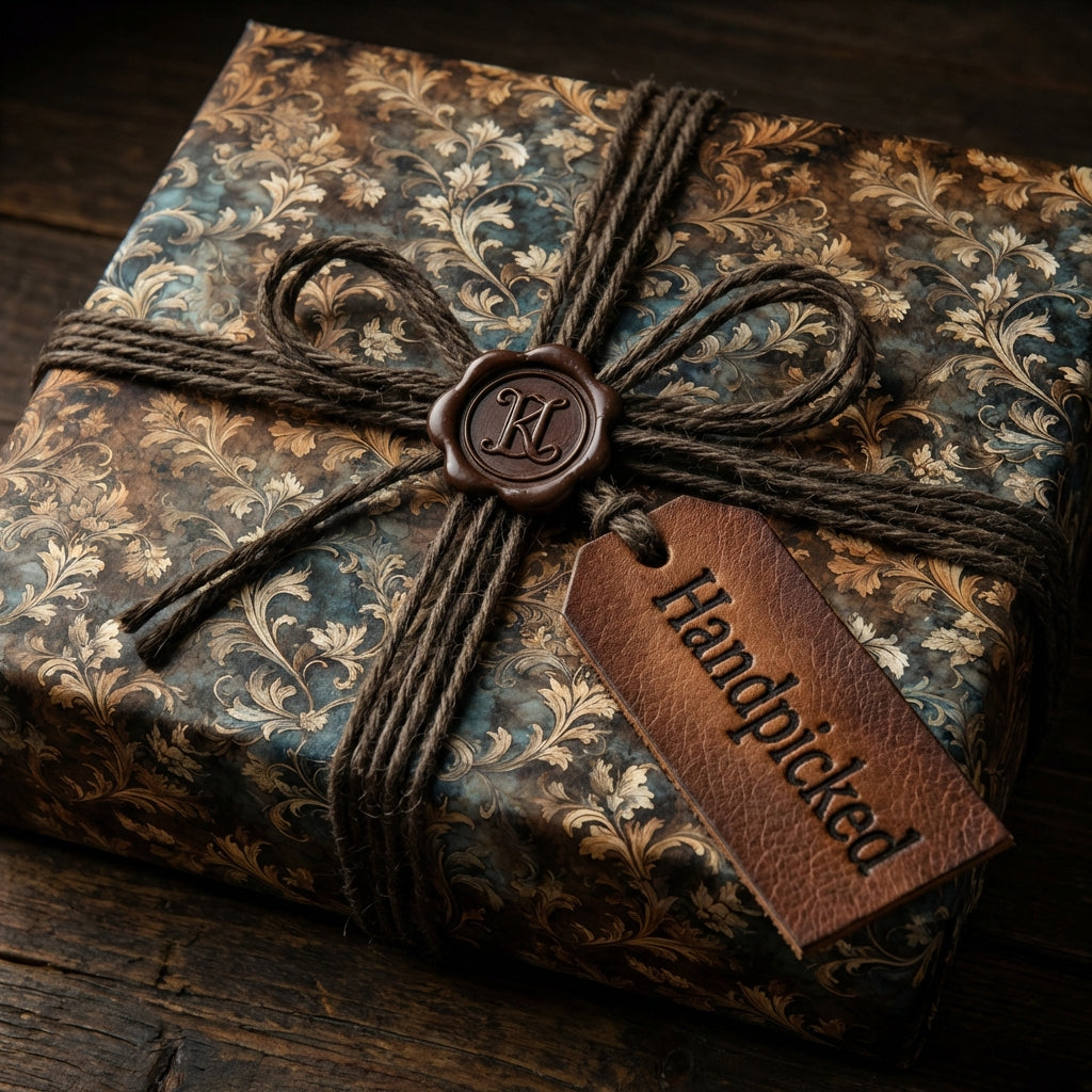 Elegant gift wrapped in vintage floral paper with brown twine and a Handpicked tag.