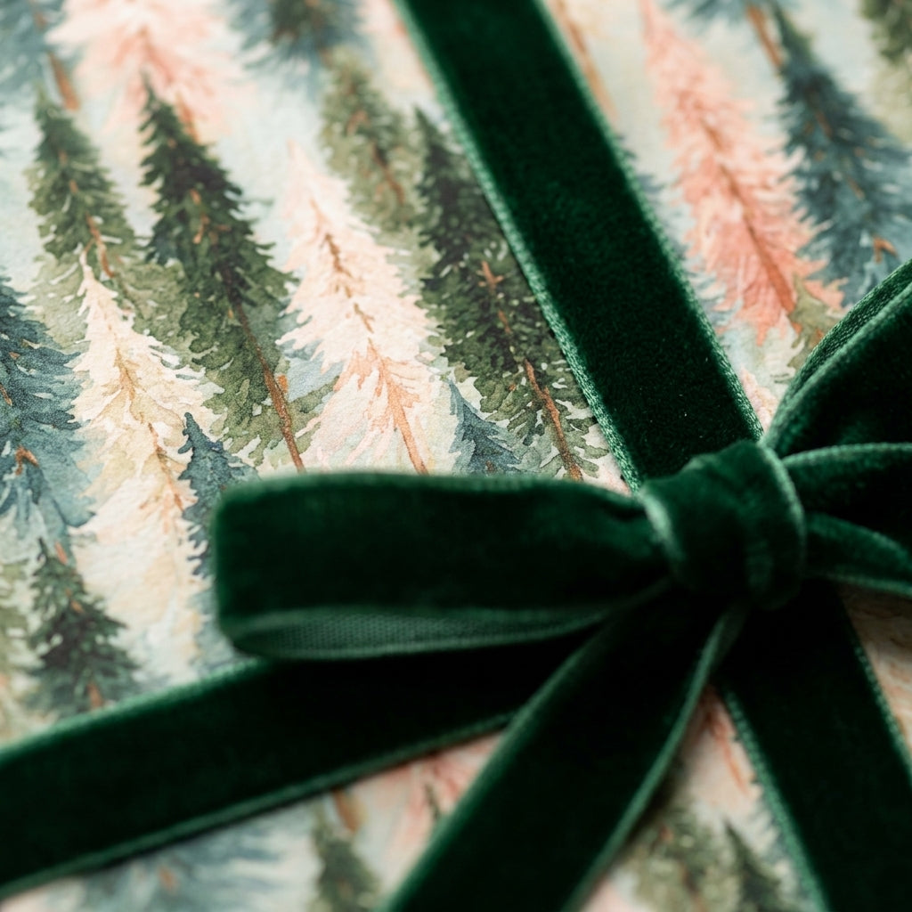 Watercolor forest Christmas gift wrap with elegant green velvet ribbon by Wrapped Studios.