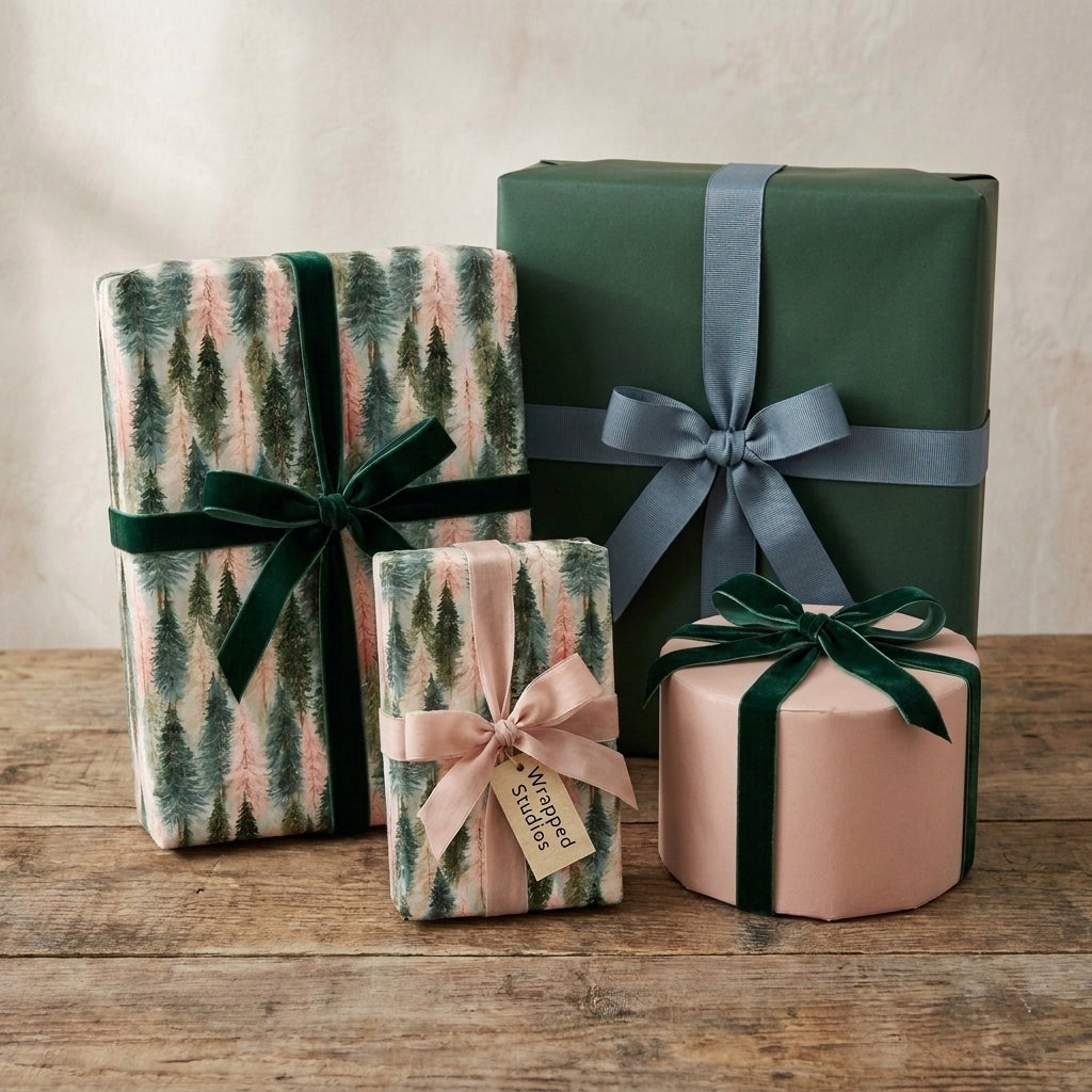 Pine tree Christmas wrapping paper and forest green gift wrap with velvet ribbons by Wrapped Studios.