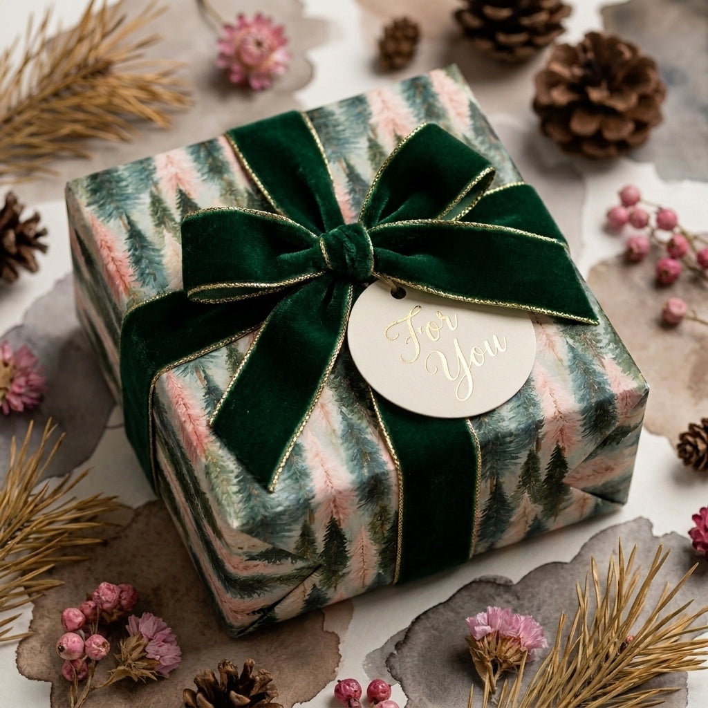 Luxury Christmas gift wrap with watercolor trees and a green velvet bow by Wrapped Studios.