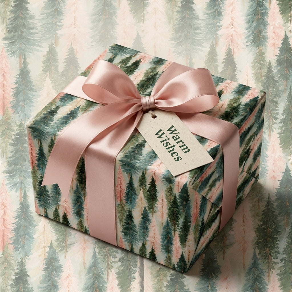 Luxury pine tree Christmas gift wrap with a pink satin bow and 'Warm Wishes' tag, by Wrapped Studios.