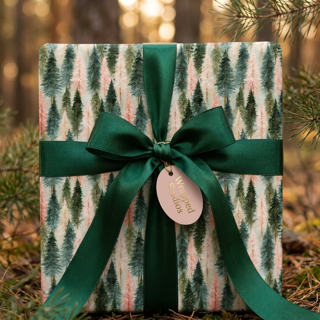 Pine tree Christmas wrapping paper with a dark green satin ribbon bow and Wrapped Studios tag.