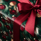 Dark green Christmas wrapping paper with ornament pattern and burgundy ribbon from Wrapped Studios.