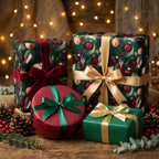 Elegant Christmas gifts wrapped in ornament-patterned paper with velvet and gold ribbons, pinecones & berries.