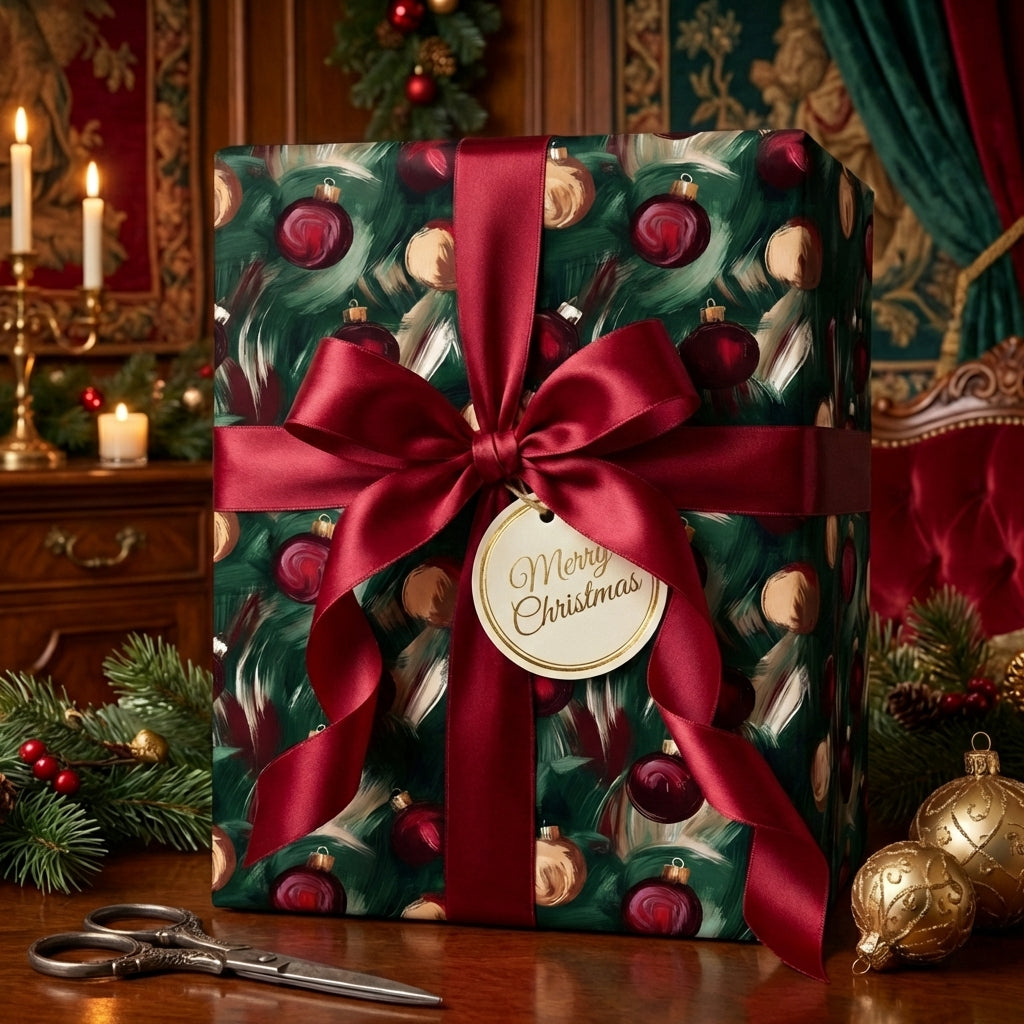 Elegant Christmas gift wrap with red ribbon and ornament pattern. Merry Christmas tag.