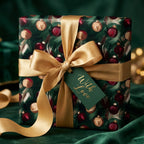 Elegant Christmas gift wrap with ornament design, gold ribbon, and "With Love" tag.