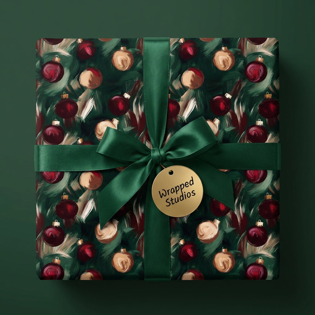Christmas present wrapped in abstract ornament wrapping paper with a green satin bow by Wrapped Studios.