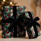 Wrapped gifts in modern Christmas wrapping paper with velvet bows.