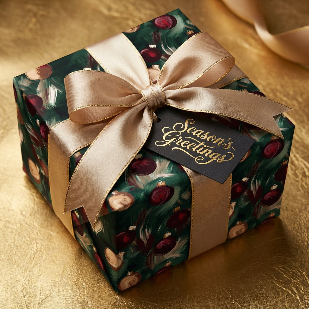 Christmas gift box wrapped in dark green ornament wrapping paper and gold ribbon from Wrapped Studios.