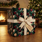 Luxury Christmas gift wrapped in festive ornament wrapping paper with a cream-colored ribbon and "From Santa" gift tag.