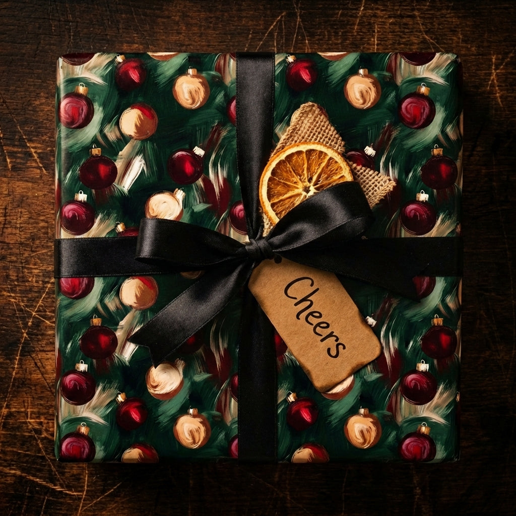 Elegant Christmas gift wrap with red and gold ornaments, a black ribbon, and a "Cheers" tag.