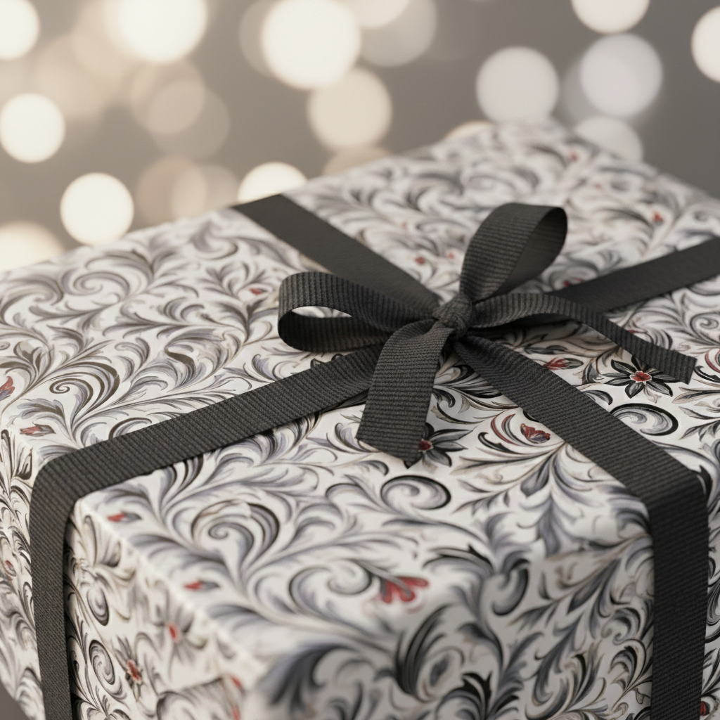 Elegant gift wrapped in floral wrapping paper with gray ribbon and bow.