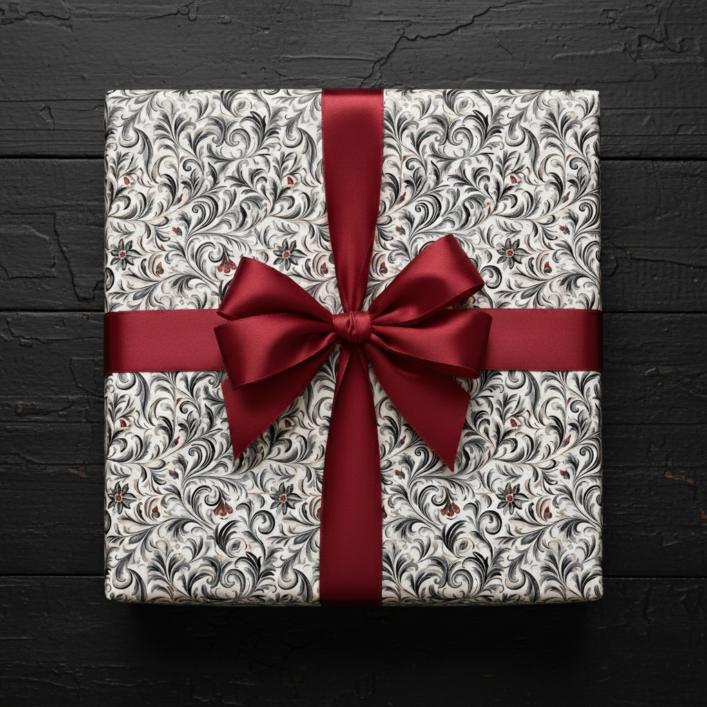 Elegant gift wrapped in vintage floral wrapping paper with a satin burgundy ribbon on a black wood surface.