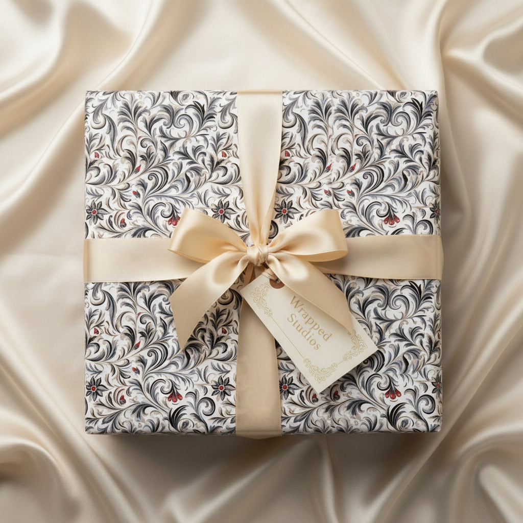 Elegant floral wrapping paper with a gold ribbon on a square gift box, perfect for birthdays or special occasions.
