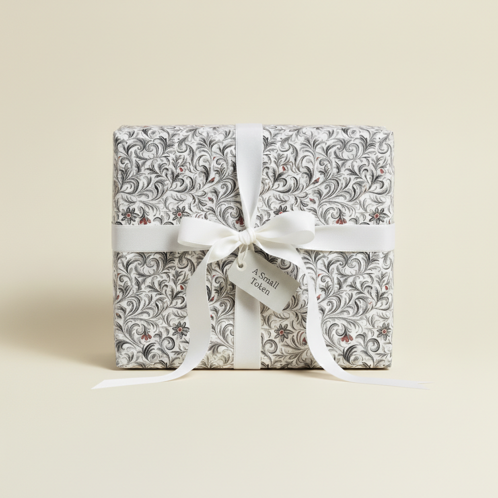 Elegant gift wrapped in floral wrapping paper with white ribbon and "A Small Token" tag.